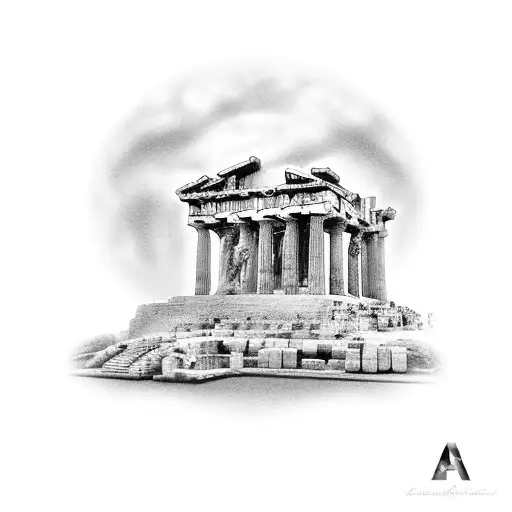 An intricate black and grey tattoo of the Parthenon, symbolizing the client's passion for Greek history tattoo design idea