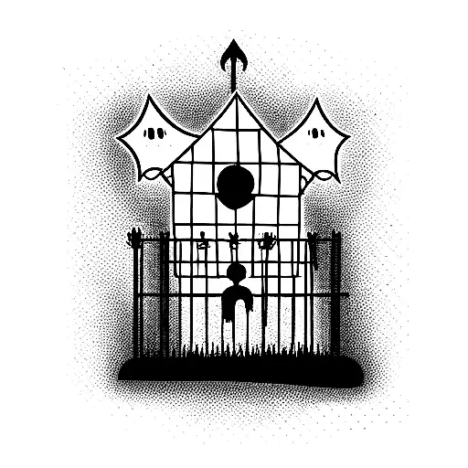 haunted house with a picket fence and ghost tattoo design idea