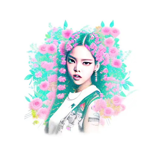 A portrait of Lisa from Blackpink with a background of musical notes and flowers tattoo design idea