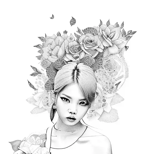 A portrait of Lisa from Blackpink with a background of musical notes and flowers tattoo design idea