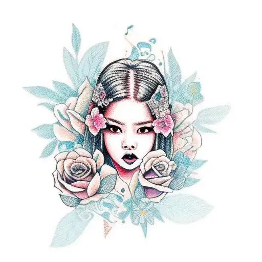 A portrait of Lisa from Blackpink with a background of musical notes and flowers tattoo design idea