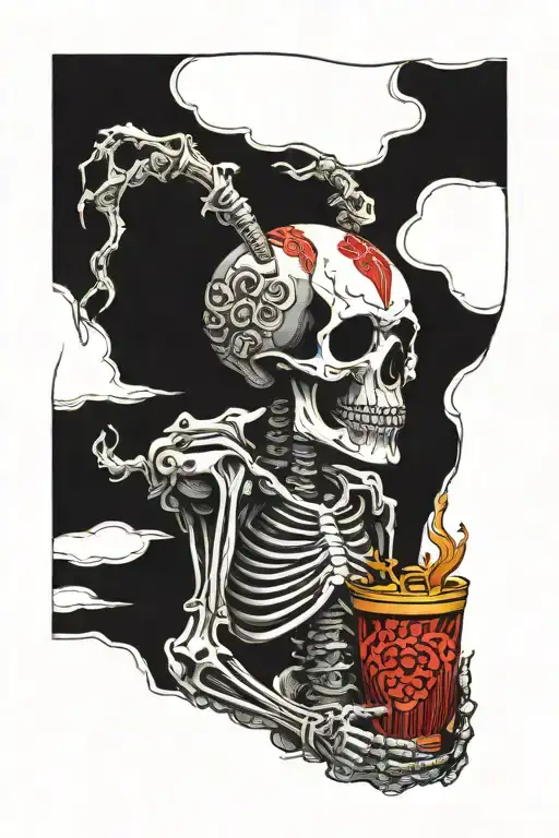 Black Skeleton with a red halo drinking from a golden chalice tattoo design idea