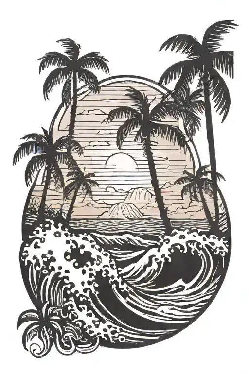 sunset with palm trees waves crashing in the background tattoo design idea