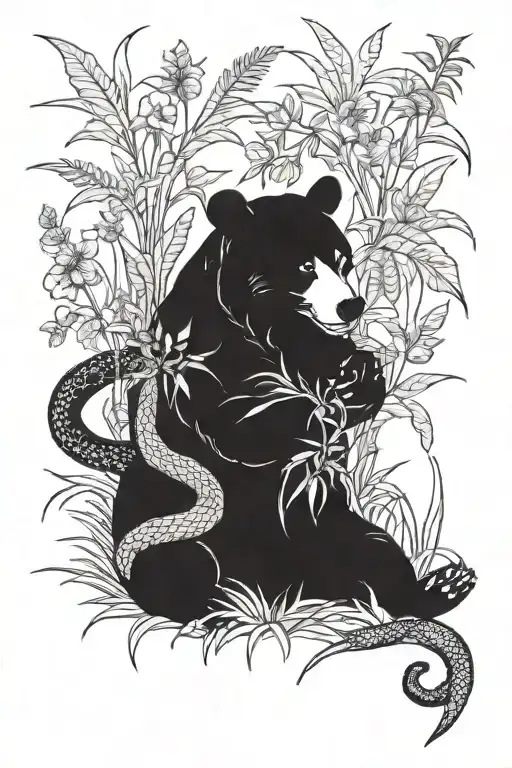 snake in grass and a bear eating the snake tattoo design idea