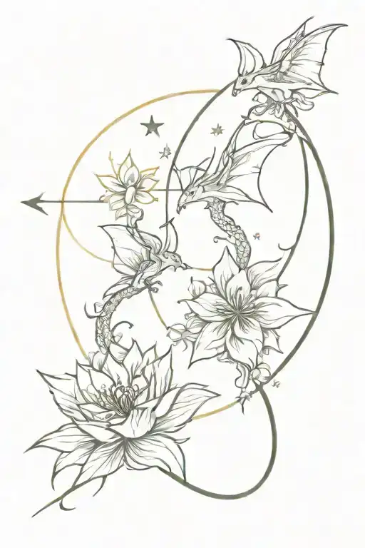 Books, Dragons, stars, flowers intertwined tattoo design idea