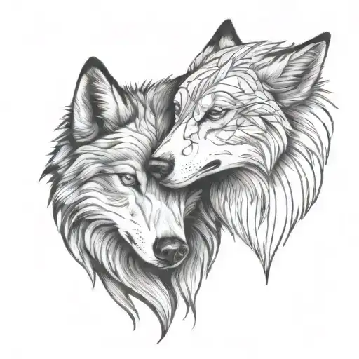 alpha omega wolf hugging each other tattoo design idea