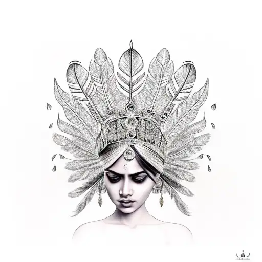 indian girl with crown of feathers tattoo design idea