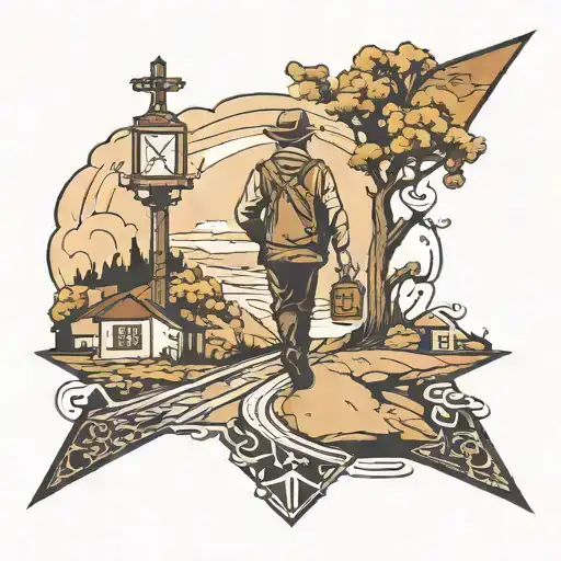 crossroads and man walking tattoo design idea