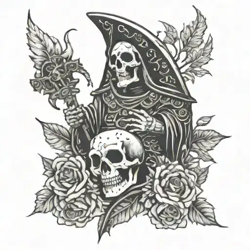 santamuerte with skulls and shadow on the back  tattoo design idea