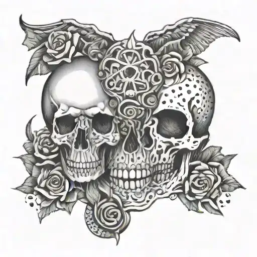 A tattoo design of a pair of lips whispering secrets to a skull, surrounded by floating eyes and mystical symbols tattoo design idea