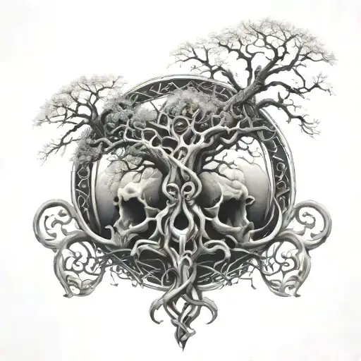 A tattoo design of a tree of life intertwined with skulls and dragons, representing the balance between life and death tattoo design idea