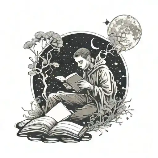 A tattoo design of a mysterious figure reading a book under a full moon, with dandelions floating in the night sky tattoo design idea
