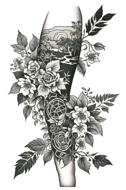 leg sleeve on right leg with nature, ukraine, st louis, and exploration tattoo design idea