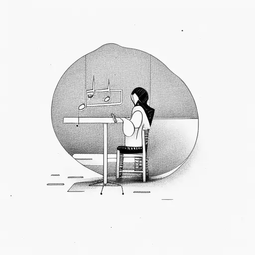 A solitary figure sitting on a restaurant chair, surrounded by floating musical notes tattoo design idea