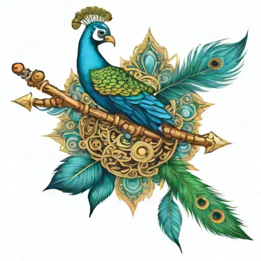 Krishna Flute with Peacock Feather and the flute as an arrow tattoo design idea