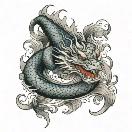 dragon wrapping around koi fish going up  tattoo design idea
