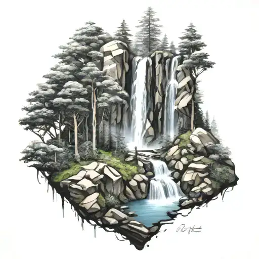 An intricate forest scene with a hidden pathway leading to a hidden waterfall, symbolizing the journey of trekking and hiking tattoo design idea