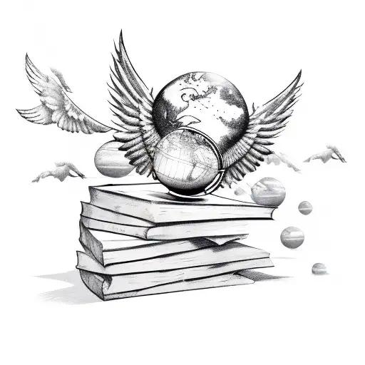 A stack of books with wings flying over a globe tattoo design idea