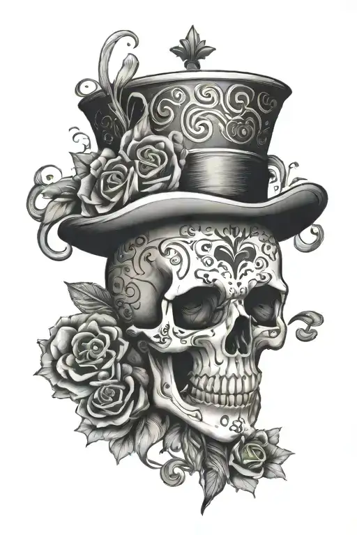 real skull, sugar skull pattern, top hat, queen of hearts card, black and grey. tattoo design idea