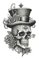 real skull, sugar skull pattern, top hat, queen of hearts card, black and grey. tattoo design idea