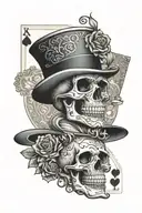 real skull, sugar skull pattern, top hat, queen of hearts card, black and grey. tattoo design idea