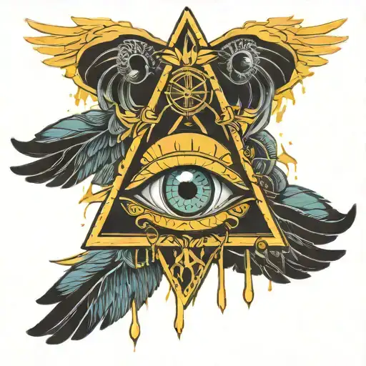 All seeing eye crying with hands in cuffs surrounded by lights and angels tattoo design idea