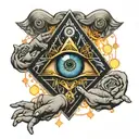 All seeing eye crying with hands in cuffs surrounded by lights and angels tattoo design idea