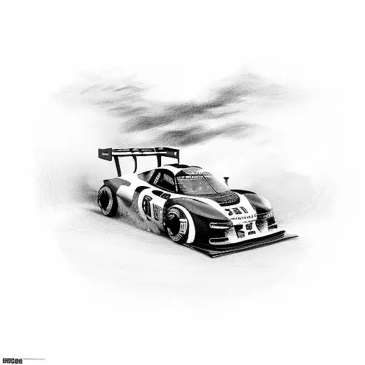 A dynamic illustration of a race car driver speeding past a checkered flag tattoo design idea