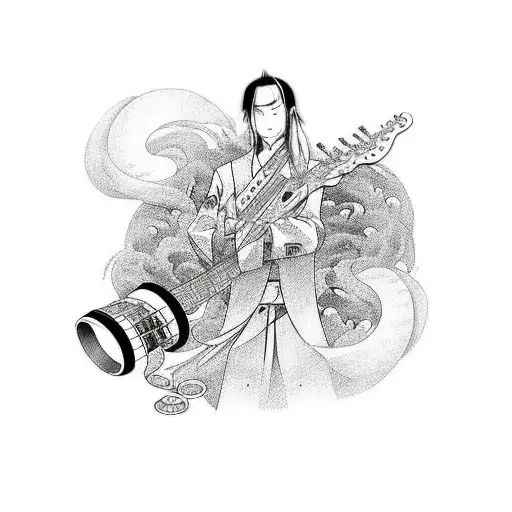 A music-themed anime sleeve with various instruments tattoo design idea