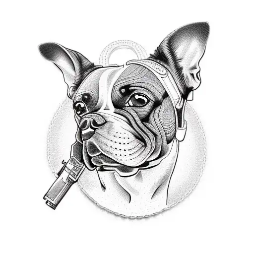 An intricate tattoo featuring dogs and guns intertwined with alcohol and drugs imagery, in a dotwork style tattoo design idea