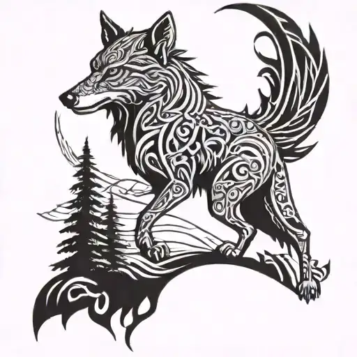 Sleeve, Fenrir Wolf and the forest behind him, but the background of the evening tattoo design idea