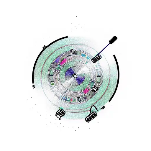 A DJ turntable with music notes swirling around it tattoo design idea