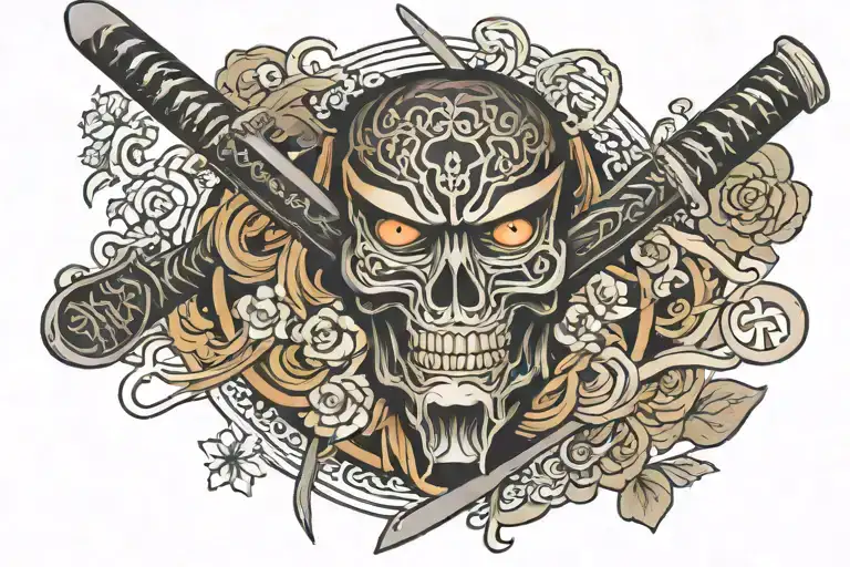 eyes inside katana sword with till death do us part in Japanese  tattoo design idea