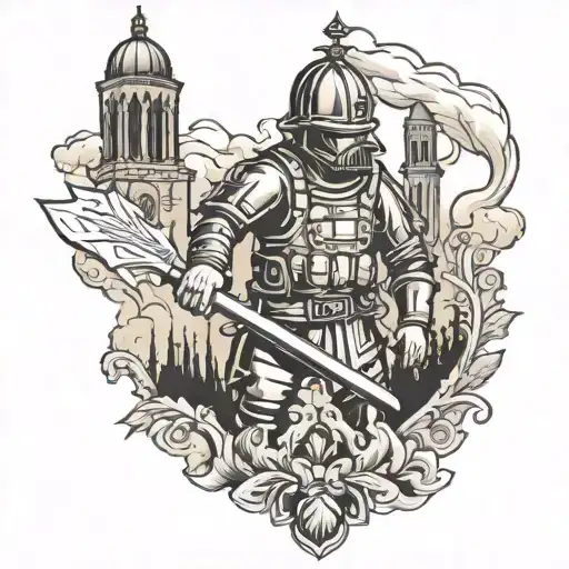 saint Florian firefighter and coit tower surrounded tattoo design idea