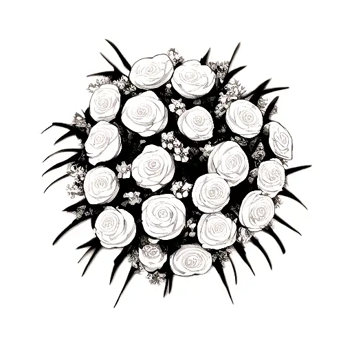 a bouquet of 6 different flowers, drawings without much detail in black and white and surrounded by a small bow on the s tattoo design idea