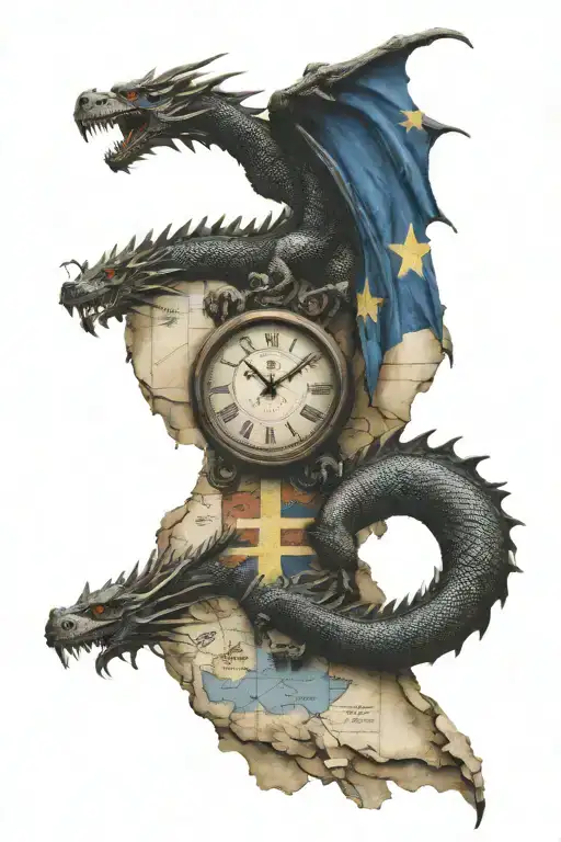 clock with dragon and bosnia map with flag tattoo design idea