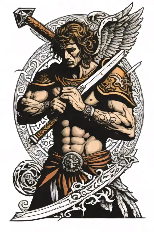warrior angel holding a cross shaped sword surrounded by torns tattoo design idea