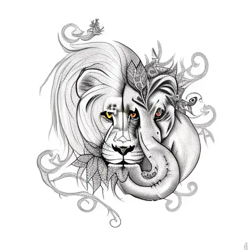 gothic lion and elephant with plants tattoo design idea