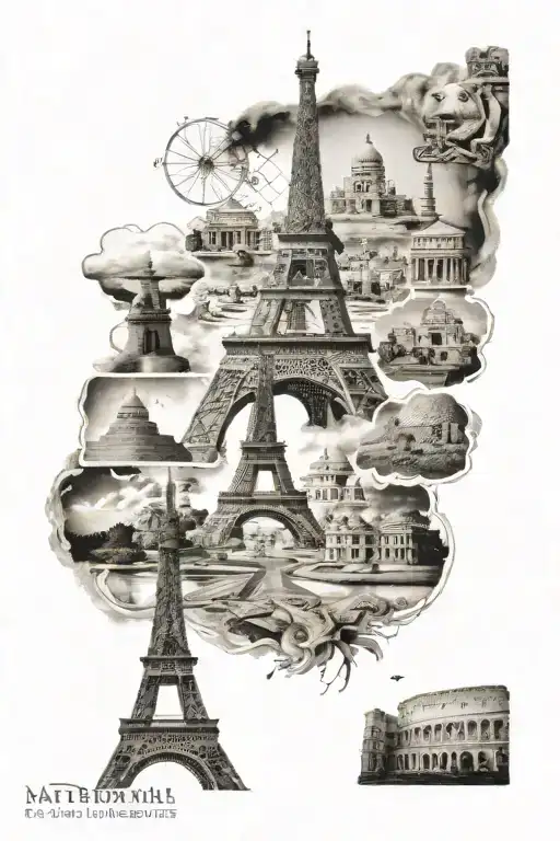 A tatto including Petra, Eiffel Tower, the Coliseum, Chichen Itza, The Pyramids of Egypt and the Sphynx, the Taj Mahal a tattoo design idea