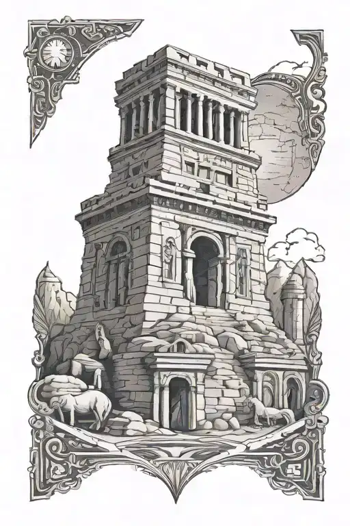 A tattoo including Petra, the Colosseum, Chichen Itza, the Eiffel Tower, the Egyptian Pyramids and the Sphynx, the Taj Maha tattoo design idea