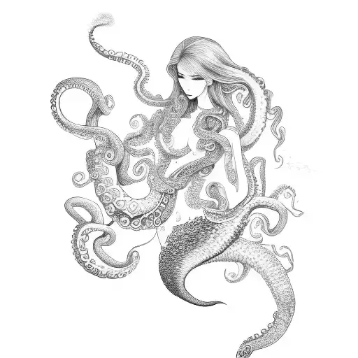 mermaid with an octopus and a jellyfish in her arms tattoo design idea