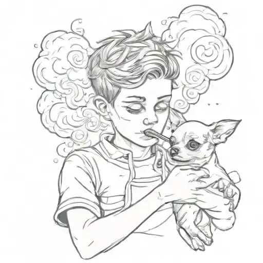 a boy smokes a joint in a cloud of smoke and holds a chihuahua in his arms tattoo design idea