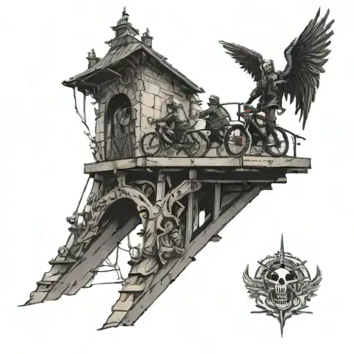 bikers go left on a bridge, the left half of the bridge is raised by an angel, the right half is pulled down by a demon. tattoo design idea