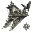 bikers go left on a bridge, the left half of the bridge is raised by an angel, the right half is pulled down by a demon. tattoo design idea