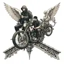 bikers go left on a bridge, the left half of the bridge is raised by an angel, the right half is pulled down by a demon. tattoo design idea