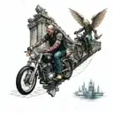 bikers go left on a bridge, the left half of the bridge is raised by an angel, the right half is pulled down by a demon. tattoo design idea