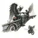 bikers go left on a bridge, the left half of the bridge is raised by an angel, the right half is pulled down by a demon. tattoo design idea