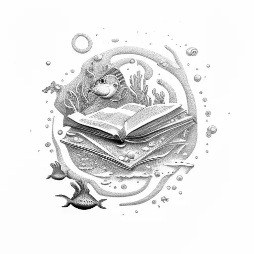 A whimsical underwater scene with sea creatures and floating books tattoo design idea