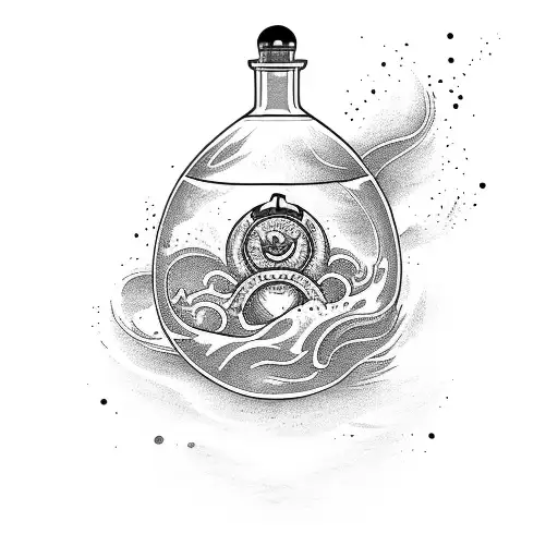 An alchemist's potion bottle filled with swirling ocean waves tattoo design idea
