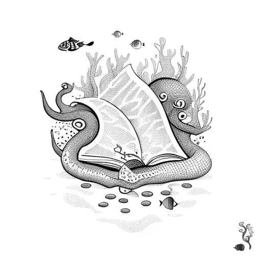 A whimsical underwater scene with sea creatures and floating books tattoo design idea